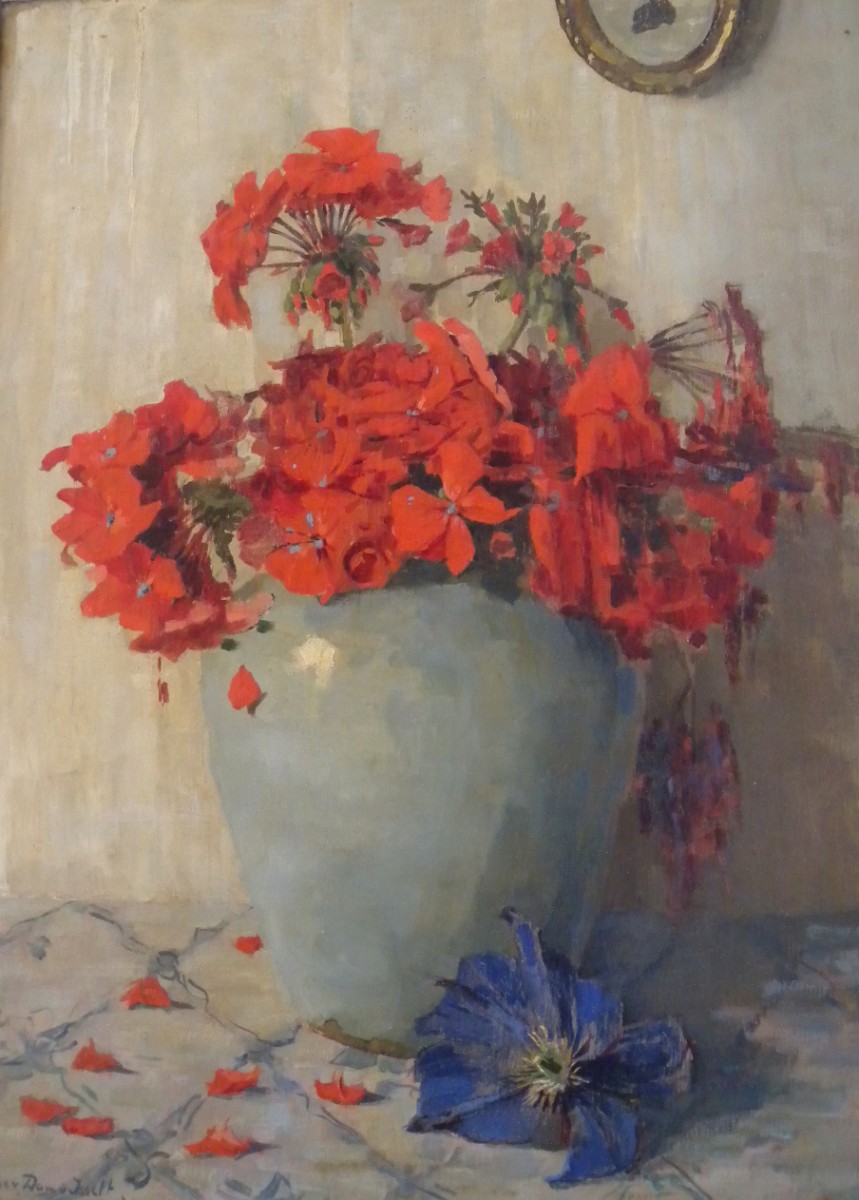 Laatste bloeiende geraniums in vaas door Lucie van Dam van Isselt