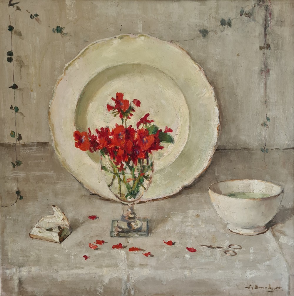 Geraniums voor wit bord (ca. 1945) door Lucie van Dam van Isselt