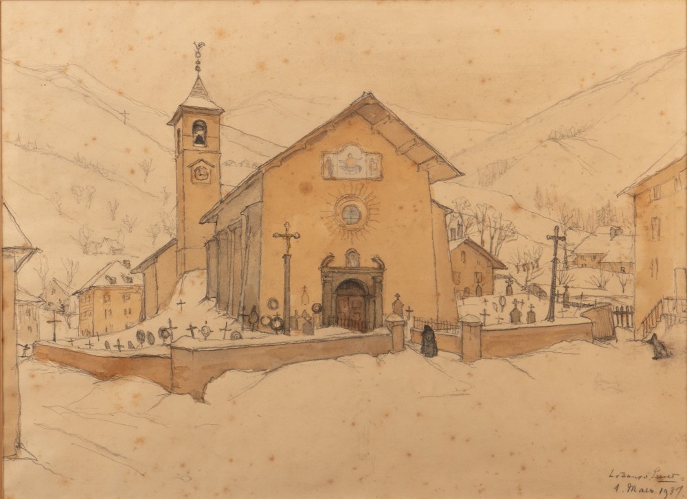 Plein met dorpskerk in de sneeuw door Lucie van Dam van Isselt