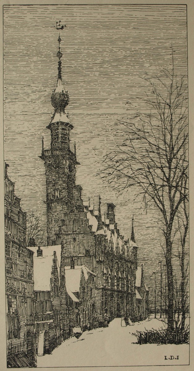 Het stadhuis van Veere in de sneeuw (ca. 1925) door Lucie van Dam van Isselt