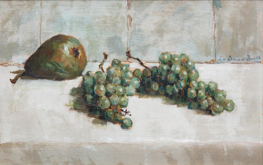 Stilleven met groene druiven en peer door Lucie van Dam van Isselt