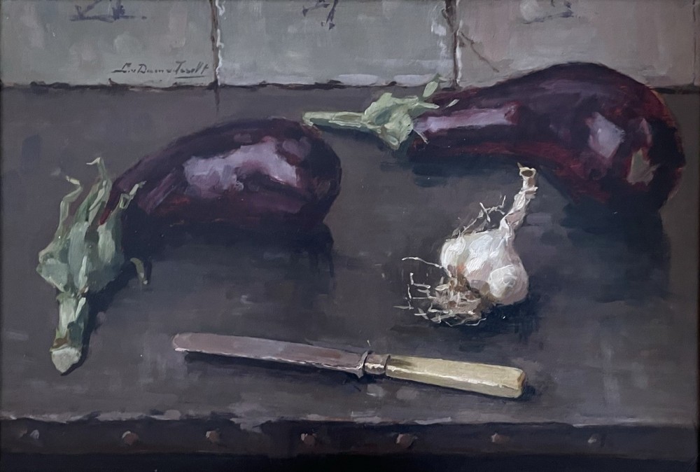 Stilleven met aubergines en knoflook door Lucie van Dam van Isselt