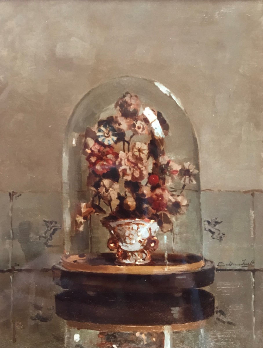 Pronkbouquet onder glazen stolp (ca. 1920) door Lucie van Dam van Isselt