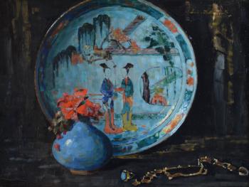Stilleven met bloemen, een Chinees bord en juwelen door Lucie van Dam van Isselt