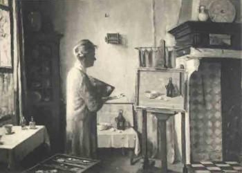 Zelfportret in atelier te Veere (ca. 1935) door Lucie van Dam van Isselt