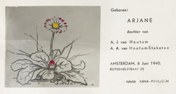 Geboortekaartje (1945) door Lucie van Dam van Isselt