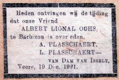 Rouwadvertentie Albert Ochs van Lucie en Albert Plasschaert (1921)