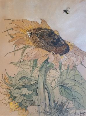 Zonnebloem met bijen (1895-1900) door Lucie van Dam van Isselt