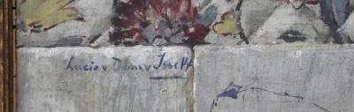 Signatuur Stilleven met spaarpot en kandelaar (1915/1920) door Lucie van Dam van Isselt
