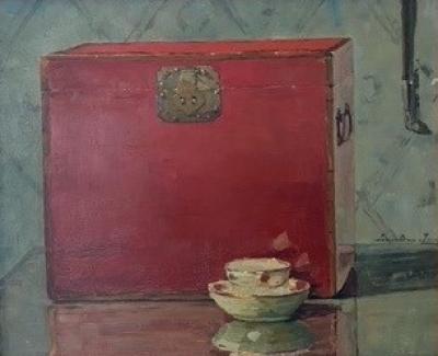 Stilleven met rood kistje (ca. 1920) door Lucie van Dam van Isselt