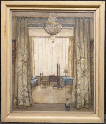 Interieur atelier met poes met lijst door Lucie van Dam van Isselt