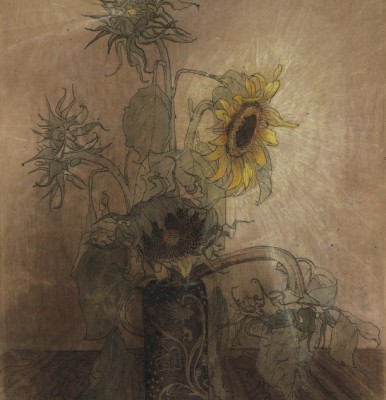 Zonnebloemen in een vaas door Lucie van Dam van Isselt